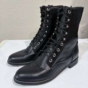 Justin Black Leather Lace-Up Leather Kiltie Roper Boots